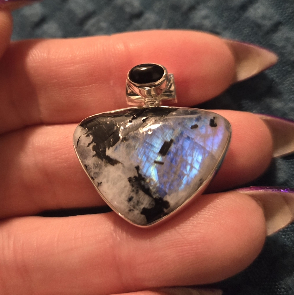 Moonstone and Quartz sterling silver pendant with Obsidian accent